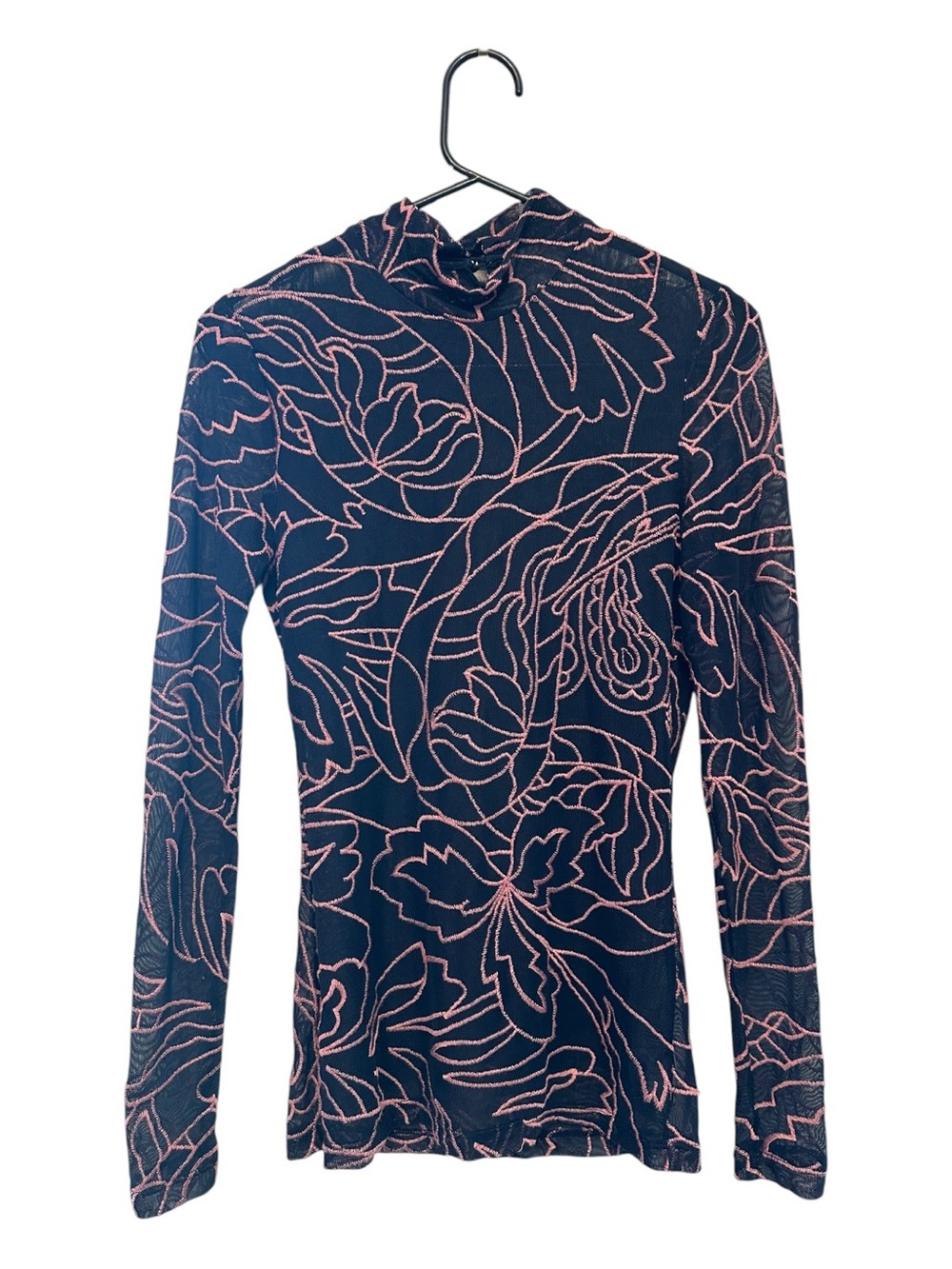 Late Y2K Jade Navy Sheer Bodycon Turtleneck Top with Pink Floral Line Print XS